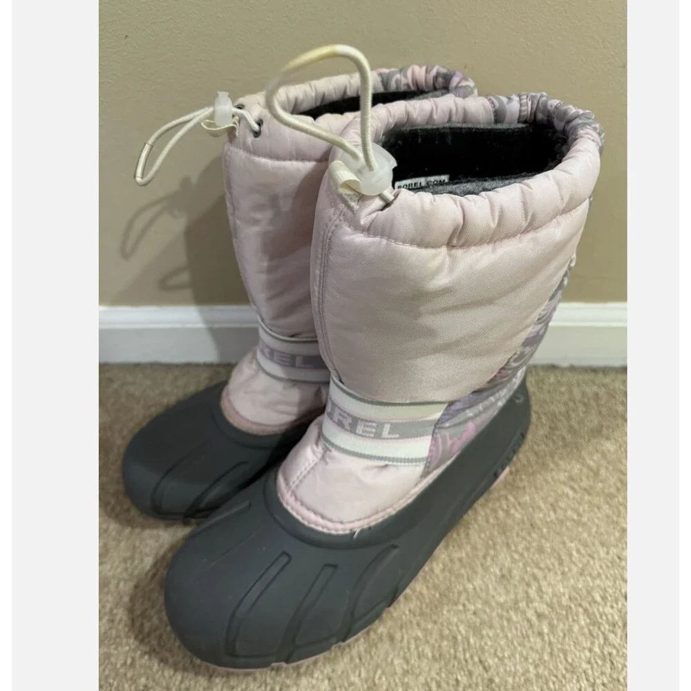 Sorel Girls 6Y Snow Boots Pink Floral Waterproof Winter Rubber Insulated Boot